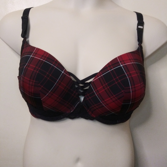 Torrid Curve Goth/Punk Red Black Plaid Lace Trimmed Push-Up Plunge Bra Size 40DD - Picture 2 of 9